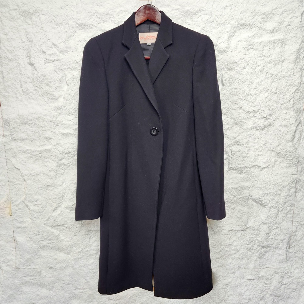 Vintage 90s Byblos Italy Black Wool Long Coat Duster Jacket IT 40 XS S Minimal